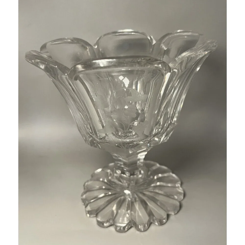 Vintage Crystal Flower Etched Compote Vase Scalloped Pedestal Bowl 6